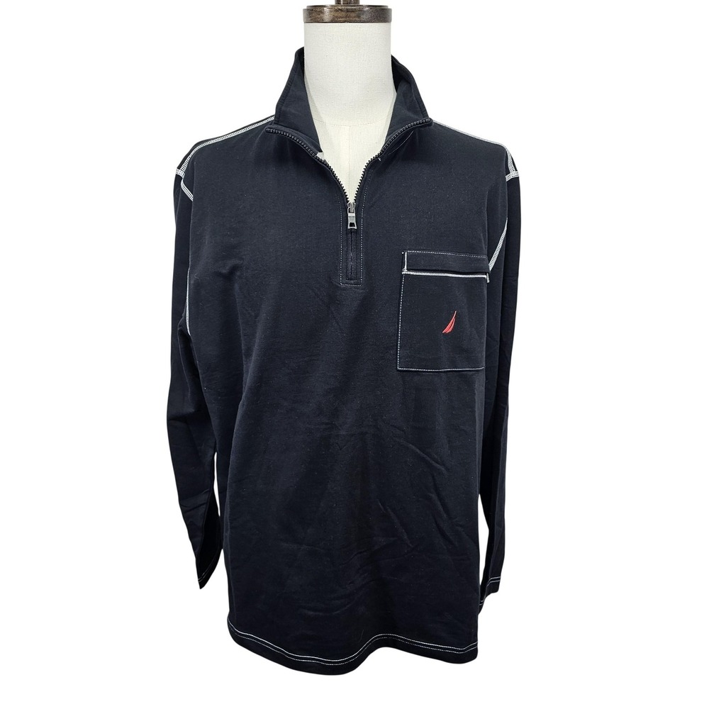 Nautica Sweatshirt Mens XL Black 1/4 Zip Mock‎ Neck Pullover Cotton Y2K Style